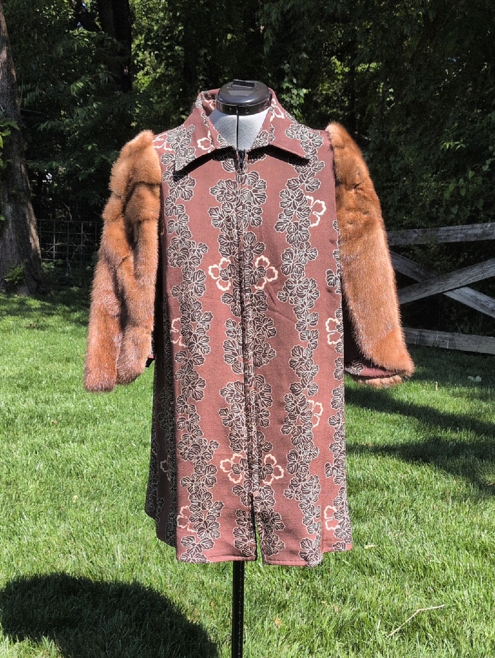 Brown Floral Wool-Blend Coat with Fur Sleeves